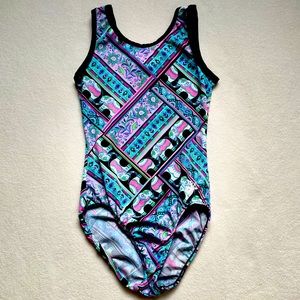 Blue and pink patterned GK snowflake collection gymnastics leotard